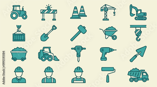 Construction industry tools, heavy machinery, and worker icons set