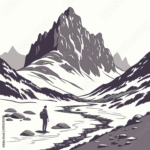 A lone hiker stands before a towering jagged mountain range gazing upwards at the imposing peak in a stark landscape high quality professional detailed modern elegant