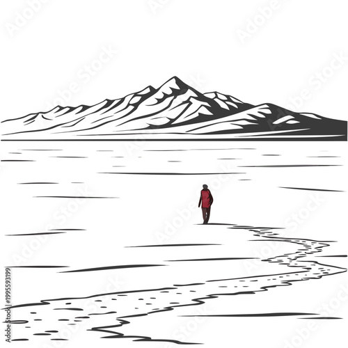 A solitary figure walks towards distant mountains across a textured shore adjacent landscape in a minimalist black and white style high quality professional detailed modern elegant