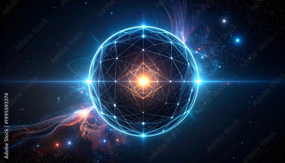 Obraz premium Abstract digital sphere with glowing geometric patterns and radiant light particles floating in a deep space background for futuristic concepts.