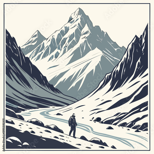 A lone hiker walks along a winding path through a mountainous landscape overshadowed by towering snow capped peaks high quality professional detailed modern elegant stylish clean