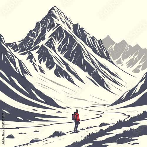 A lone hiker stands before a dramatic towering mountain range gazing upwards at the snow capped peaks in a vast landscape high quality professional detailed modern