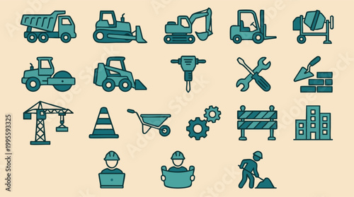Construction industry heavy equipment, tools, and worker flat icons set