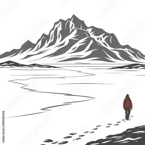A solitary figure walks across a vast snow covered landscape towards imposing dark mountains in a minimalist graphic style high quality professional detailed modern elegant stylish