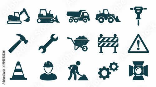 Construction and Industrial Work Icons Set: Tools, Equipment, and Safety