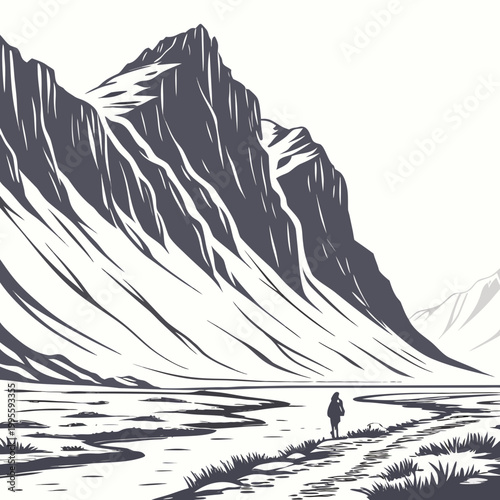 A solitary figure walks across a rugged mountainous landscape depicted in a stark black and white woodcut style evoking a sense of scale high quality professional