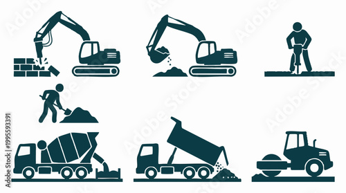 Construction equipment and worker silhouettes set for industrial process
