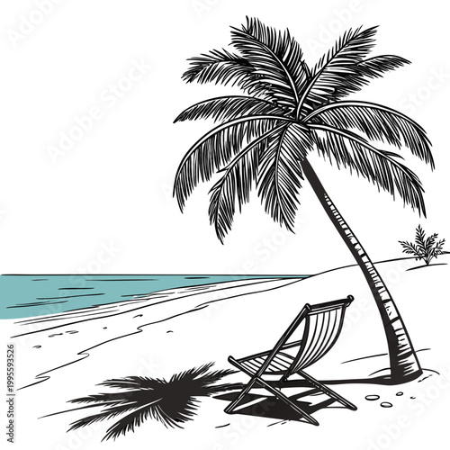 A black and white illustration depicts a tropical beach scene with a leaning palm tree a lounge chair and a calm ocean high quality professional detailed
