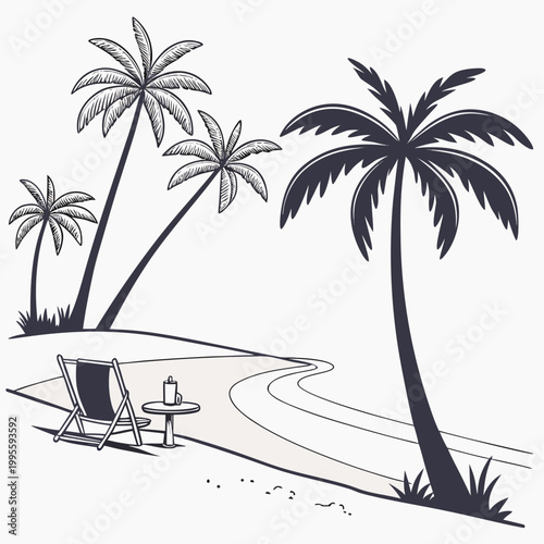 Obraz na płótnie A minimalist black and white illustration depicts a tropical beach scene with pa