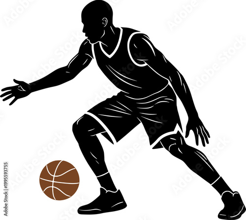 Silhouette of a male basketball player dribbling a brown ball, professional athlete in action pose isolated on white background, representing sports and competition.