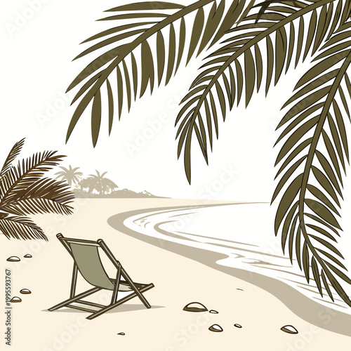 A serene beach scene depicts a vacant wooden beach chair facing a calm ocean under lush stylized palm leaves high quality professional detailed modern elegant stylish