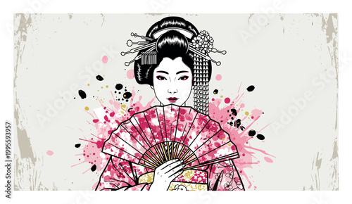 Japanese Geisha With Pink Fan