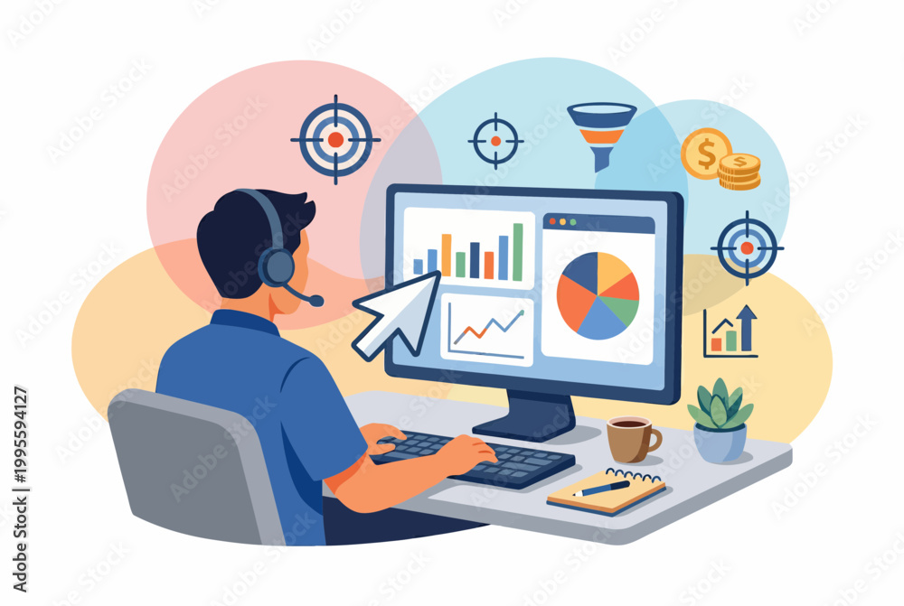 Obraz premium Freelancer analyzing digital marketing data at a modern workspace