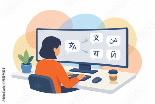 Foto Female Freelance Translator Working at Digital Workspace Desk