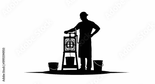 A silhouette of a man working with a pressure washer outdoors