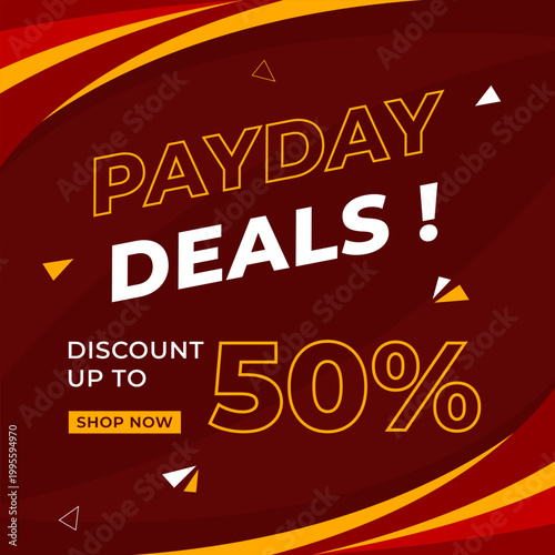 Payday deals promotion banner template with 50% discount, modern red square background with curved shapes. Suitable for sale promotions, ads, e-commerce and social media posts
