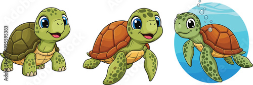 Cute baby sea turtle cartoon vector set with three adorable green turtle characters walking swimming and underwater ocean animal illustration collection
