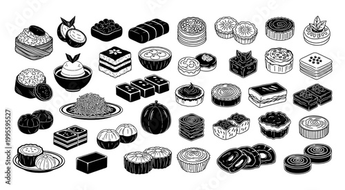 Set of black and white hand drawn vector icons of various delicious Asian desserts