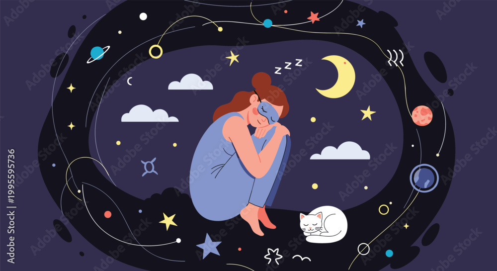 Naklejka premium Woman sleeping in a curled position among stars and planets in a dreamlike night sky with her white cat nearby.