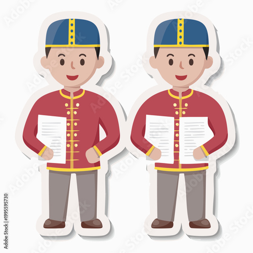 Two cartoon bellhops holding papers