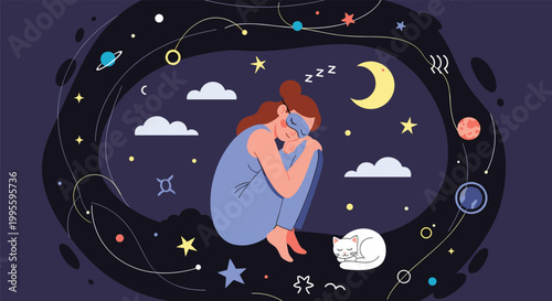 Woman sleeping in a curled position among stars and planets in a dreamlike night sky with her white cat nearby.