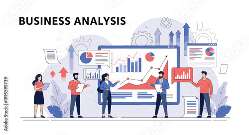Group of business people analyzing various growth charts and data displayed on a large screen during a meeting.