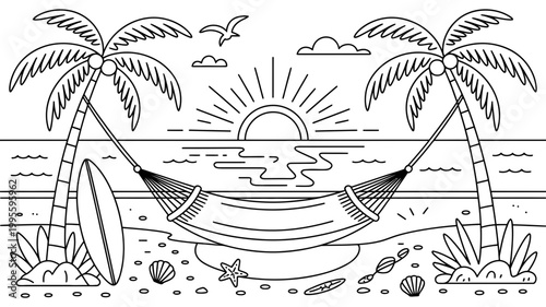 Tropical beach with hammock and surfboard at sunset tropical surfboard vacation relaxation paradise