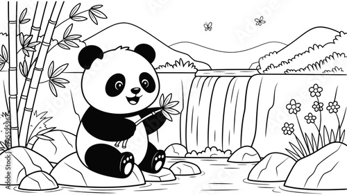 Cute baby panda eating bamboo by a waterfall in a forest with waterfall wildlife endangered mountains