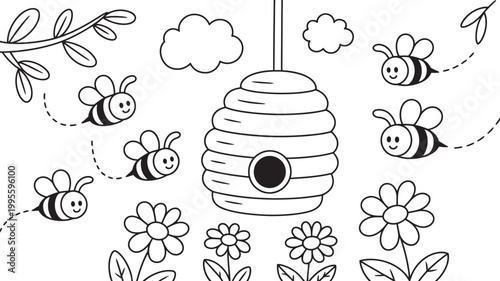 Cute cartoon bees flying around a beehive with flowers and clouds line art outdoors illustration coloring