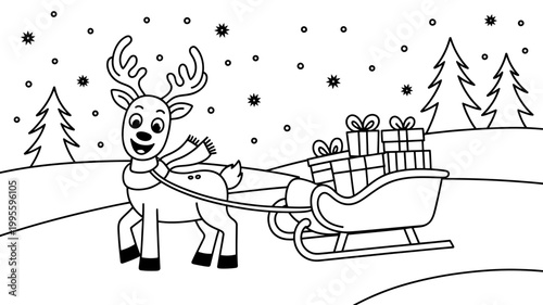 Happy cartoon reindeer pulling a sleigh full of gifts through a snowy landscape with line art, reindeer