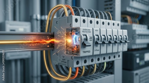 Electrical circuit breaker overload protection tripped sparking wires showing short circuit danger in industrial power distribution system
