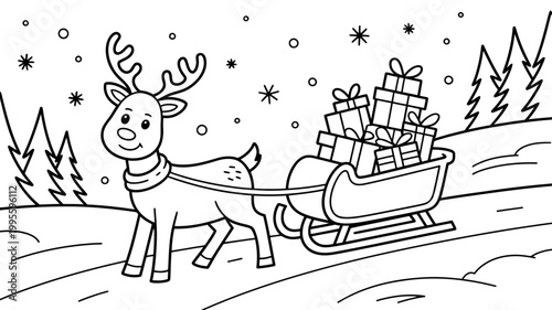Cartoon reindeer pulling a sleigh full of gifts through a snowy landscape with line art reindeer christmas