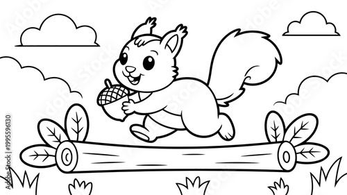 Cute cartoon squirrel running on a log with an acorn black and white outline for coloring squirrel coloring