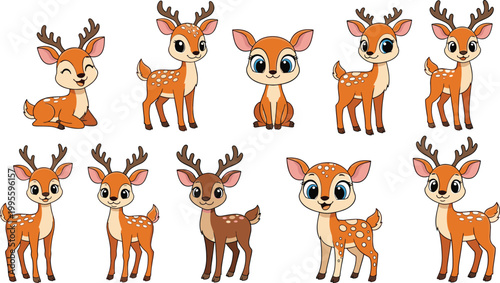 Cute baby deer and fawn cartoon vector set with adorable brown spotted reindeer characters in different poses woodland animal illustration collection