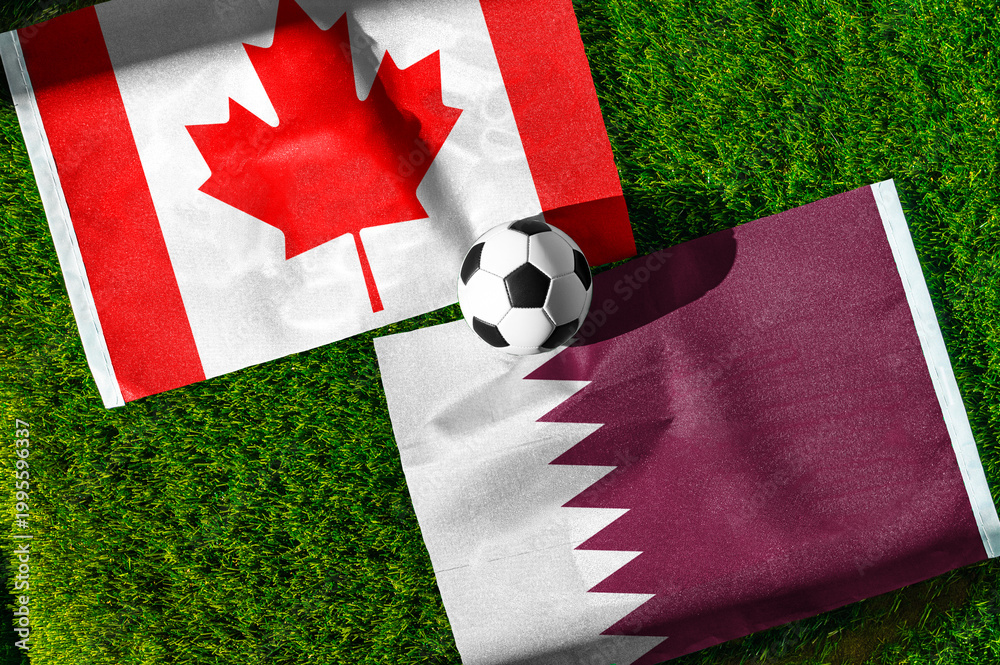 Naklejka premium Canada vs Qatar, national flags before world championship Group B group stage match, football on green pitch with goal in the background, Vancouver, Canada, June 18, 2026