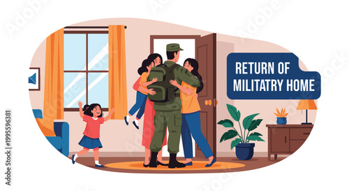 Emotional return of a soldier coming home from duty and being hugged by his happy wife and young children in a room.