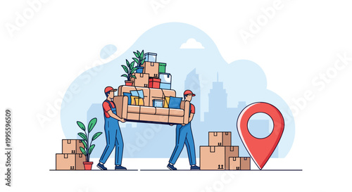 Two professional movers carrying a large sofa and stacks of boxes to a new location marked with a red pin.