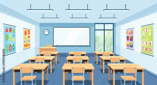 Empty Classroom Interior with Desks, Whiteboard, and Educational Posters