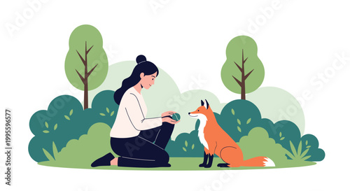 Young woman kneeling on the grass and interacting gently with a red fox in a forest clearing with green bushes.