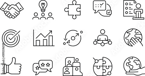 WebCollection of teamwork and collaboration line icons featuring handshake, brainstorming, communication, leadership, global support, networking, strategy, and success concepts