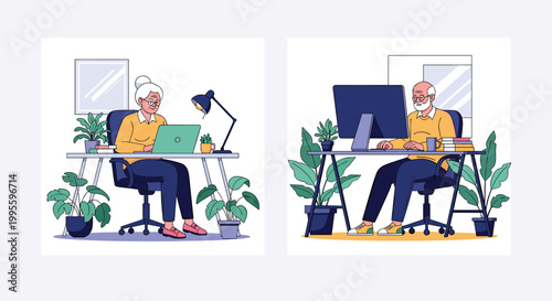Senior man and woman working productively from their home offices surrounded by many indoor green plants and natural light.