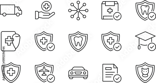 Comprehensive Insurance Protection Icons Set: Medical, Dental, Vehicle, Travel, and Educational Coverage Symbols for Healthcare and Safety Services