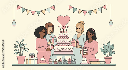 Group of diverse friends celebrating a festive baby shower event with a large multi-layered pink cake and wrapped gift boxes.