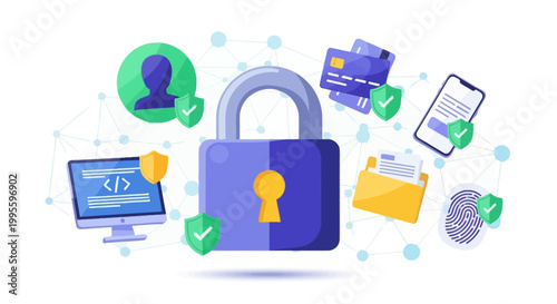 Digital security concept with padlock and cyber protection icons on light blue background