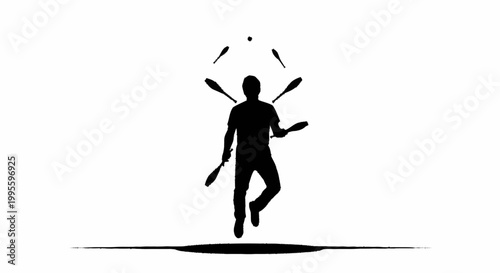 A skilled man performing a captivating juggling act with five clubs.
