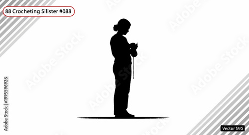 A standing woman intently focused on a craft, possibly crocheting.