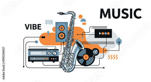 Stylized artistic illustration representing jazz music vibes featuring a saxophone, vinyl record player, and audio speakers.