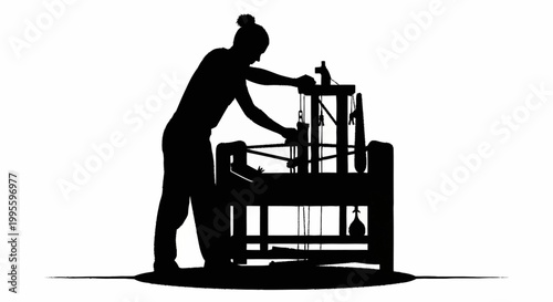 A traditional weaver diligently working at a large intricate loom.