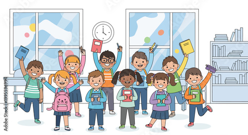 Group of happy diverse elementary school students posing in a bright classroom with backpacks and books during the school day.
