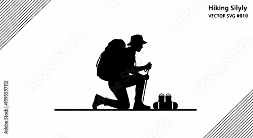 A hiker kneeling down to adjust their gear on a trail